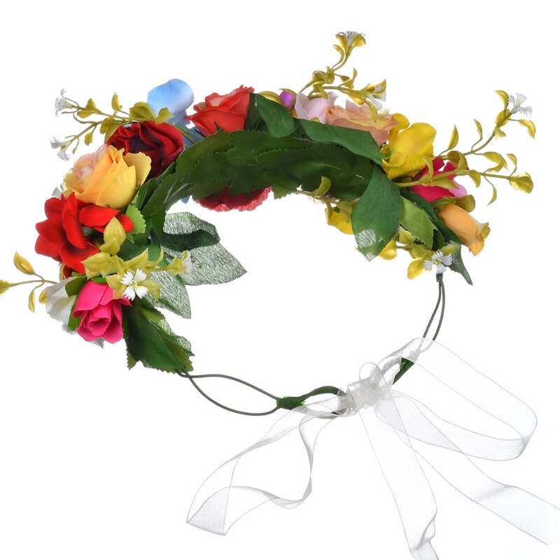 Adjustable Flower Hair Wreath Headband with Ribbon Bridal Flower