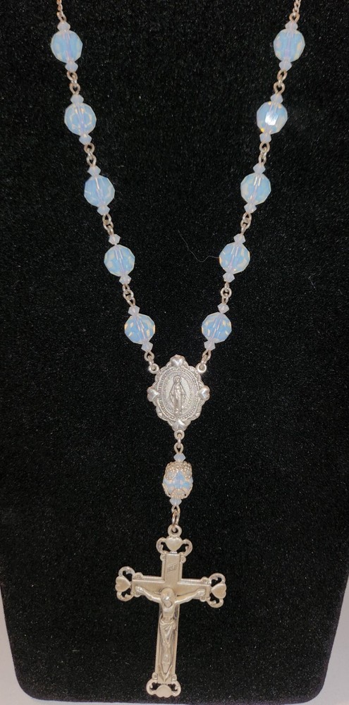Vintage Sterling Silver Creed Milky Opal Faceted Glass Rosary Necklace 24
