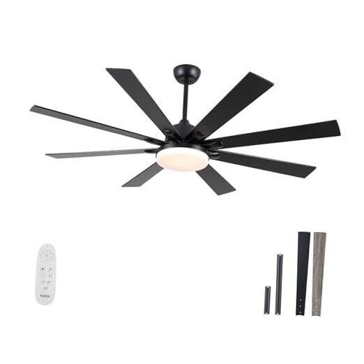 60 Inch Black Ceiling Fan with Light Kit and Remote for Large Rooms