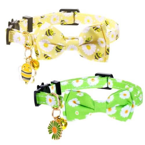 Cotton Cat Collar with Bow Tie and Bell for Male Female Cats, 2 Pack Daisy Bee