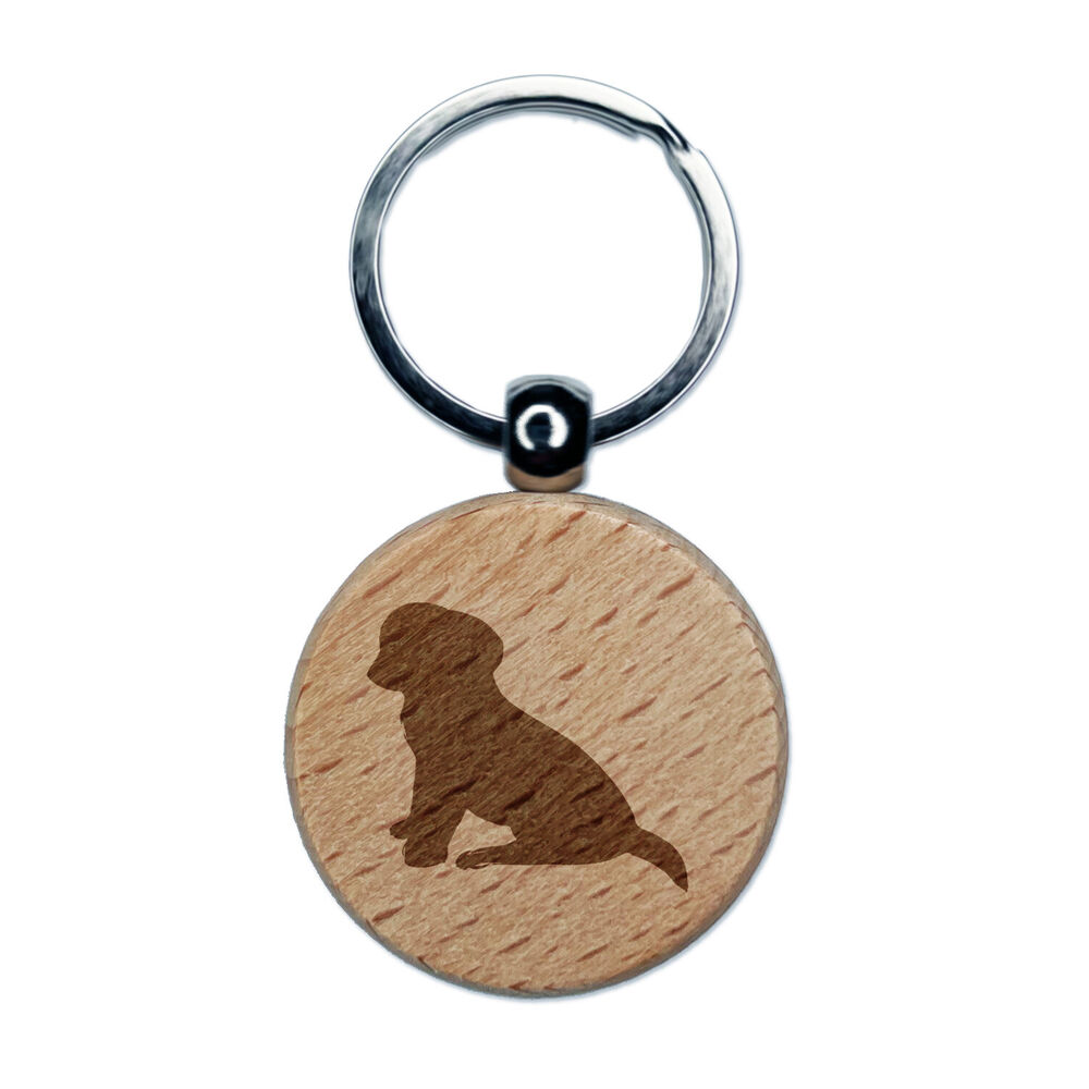 Puppy Dog Sitting Solid Engraved Wood Round Keychain Tag Charm