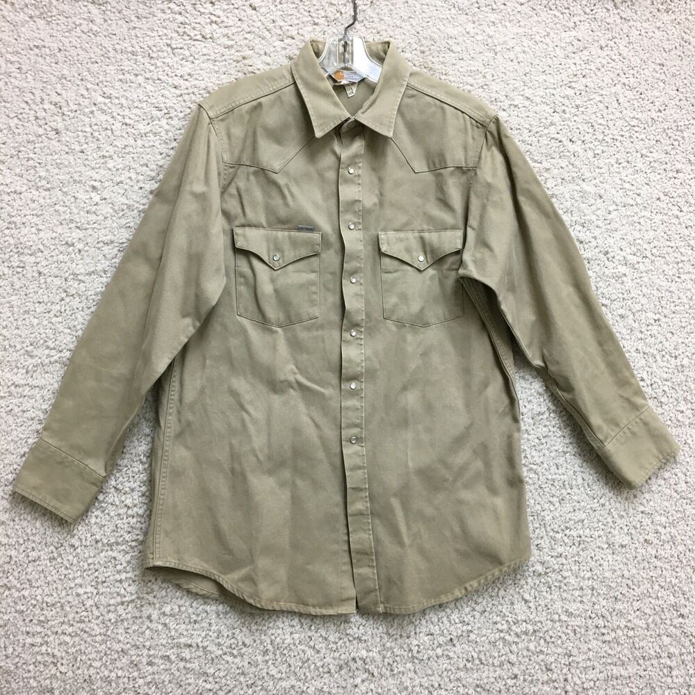 VINTAGE Carhartt Button Up Shirt Extra Large Mens Khaki Pearl Snap Overshirt XL