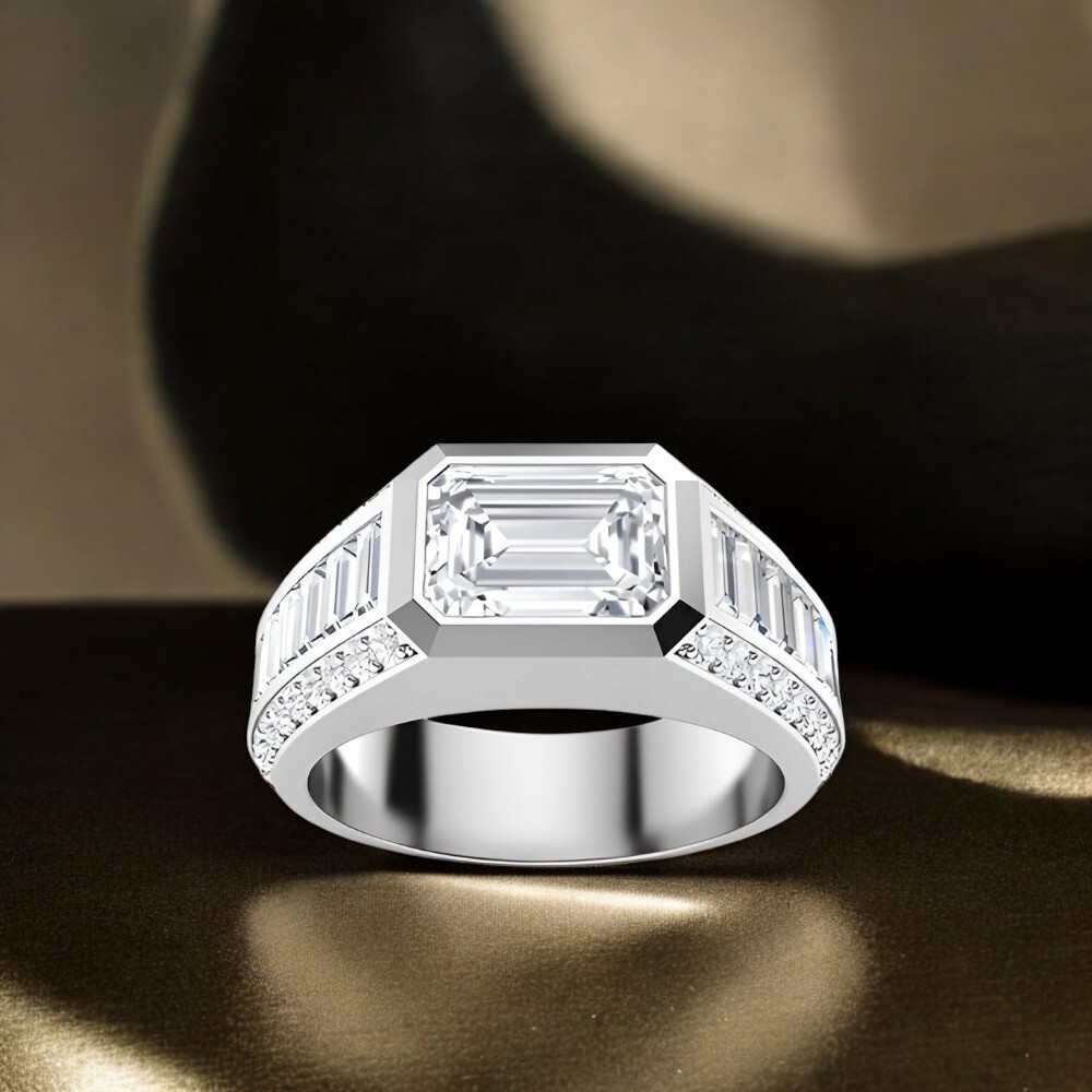 Wedding 18K White Gold Men  Band Emerald Cut 4 Ct Lab Created IGI Diamond Ring