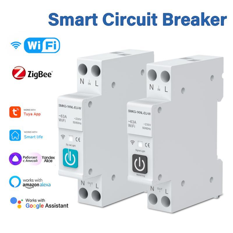 Tuya WiFi Zigbee Smart Circuit Breaker 1P 63A DIN Rail with Energy Metering for Smart Homes