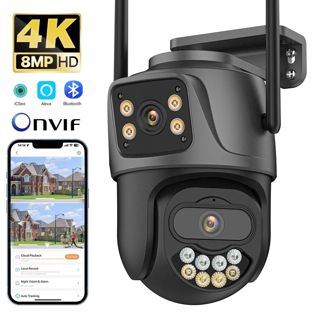 4K Dual Lens PTZ Outdoor WiFi Camera – 8MP Auto-Tracking Security CCTV iCsee