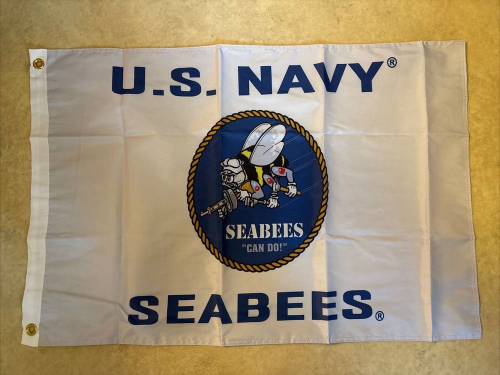 United States Navy Seabees White Woven Poly Nylon 2'x3' Flag Banner Double Sided