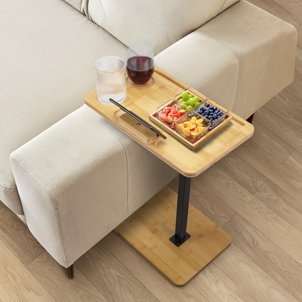 Adjustable C-Shaped Bamboo Side Table with 360° Swivel and Phone Stand for Sofa or Bed
