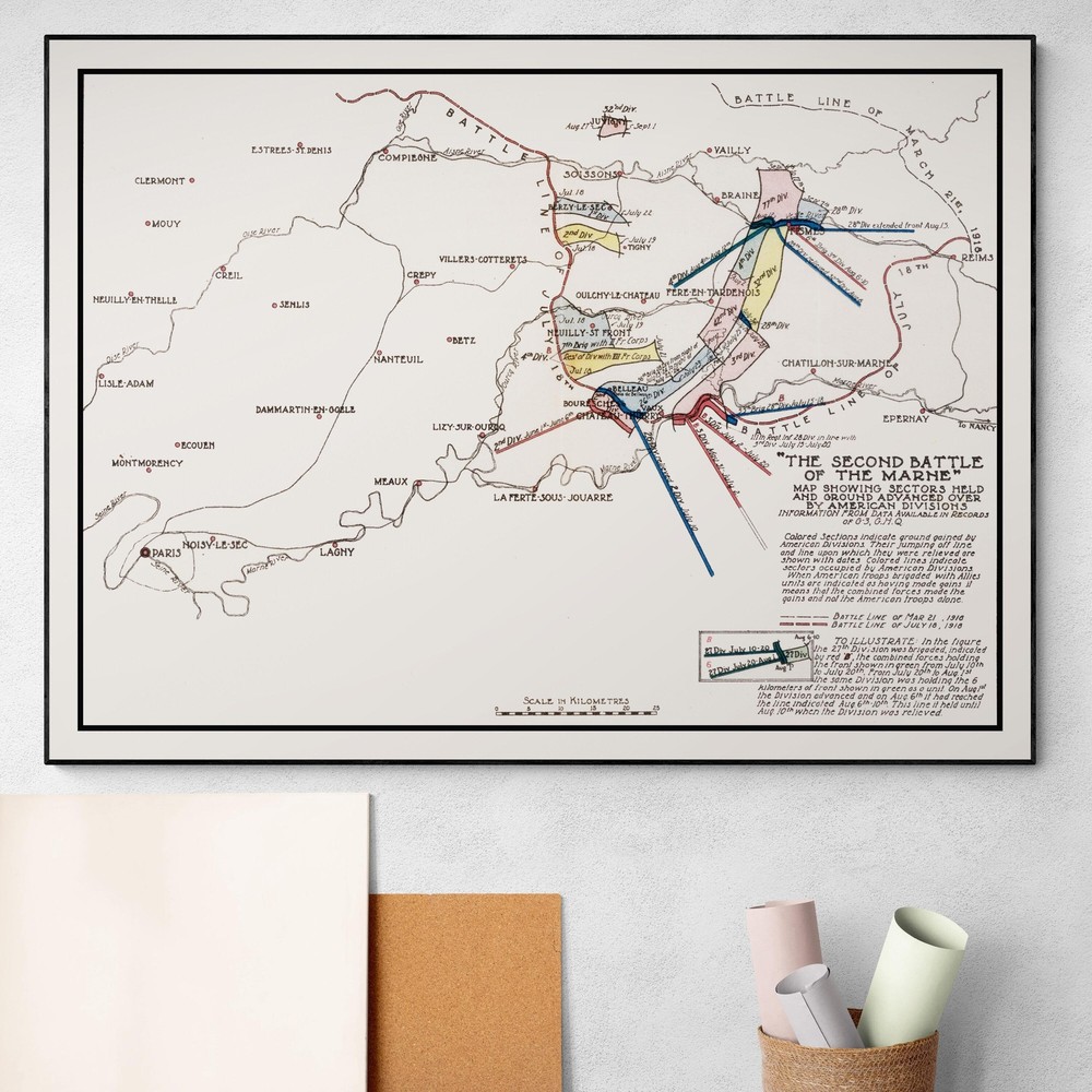 1918 Military Map of the Second Battle of the Marne WW1 Decor Poster Print