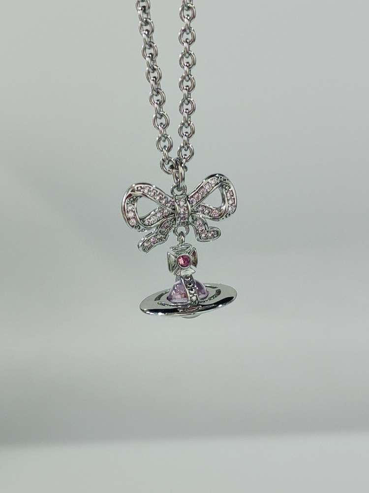 Vivienne Westwood Silver Pink Ribbon Drop Orb Pendant Necklace Japan New Unboxed