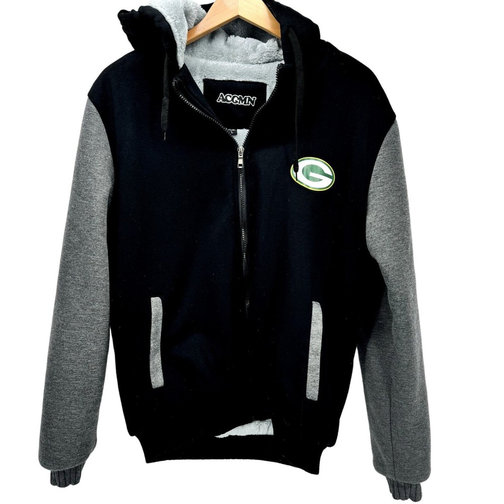 Green Bay Packers Jacket Mens Large Black Gray Full Zip Hooded Fleece Lined
