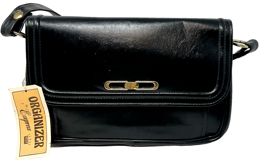 Vtg Empress Black Leather Purse Handbag Shoulderbag Organizer Gold Hardware NWT