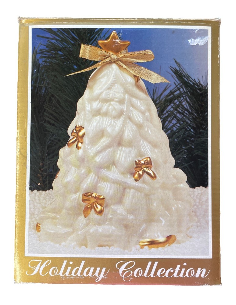 White Gold Trim Ceramic Christmas Tree World Bazaars Figurine