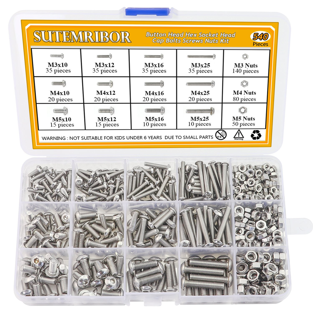 M3 M4 M5 Stainless Steel Button Head Hex Socket Head Cap Bolts Screws Nuts Assor