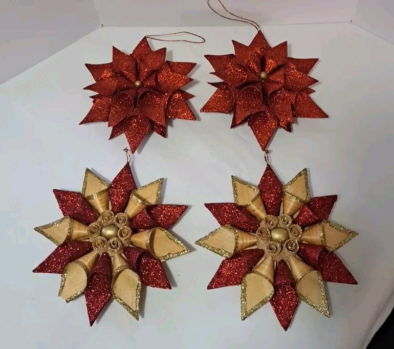 4 Poinsettia Christmas Ornaments 2 Wood Shaving Red & Gold Glitter 2 Red Flaw