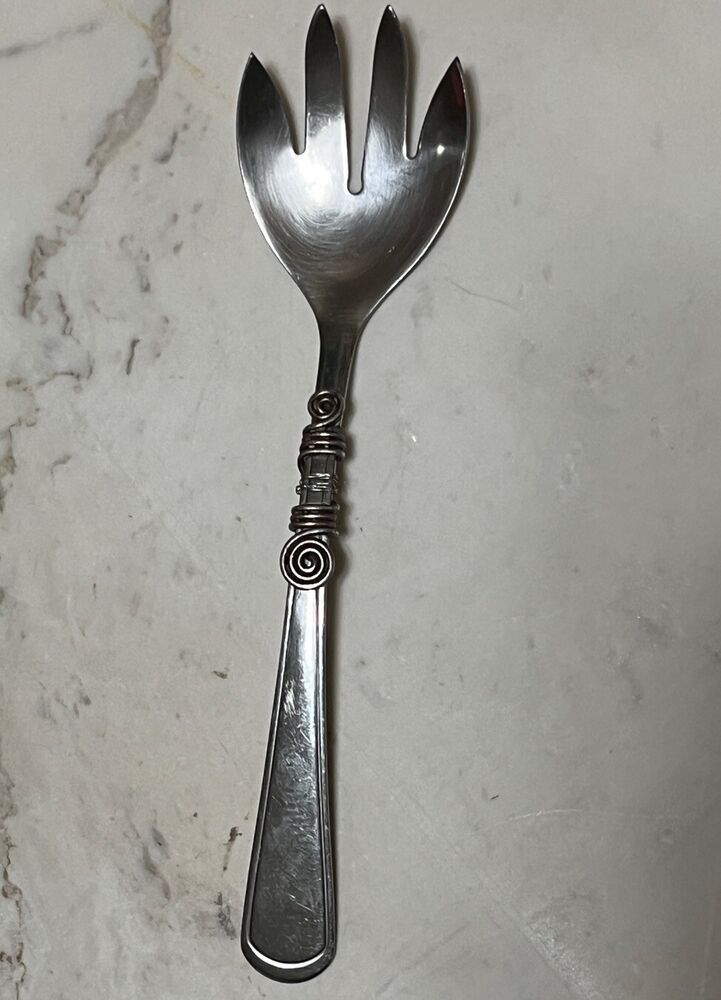 Salad Serving Fork 4 Prong Stainless Steel Flatware Utensil Scroll Swirl 10x2.5