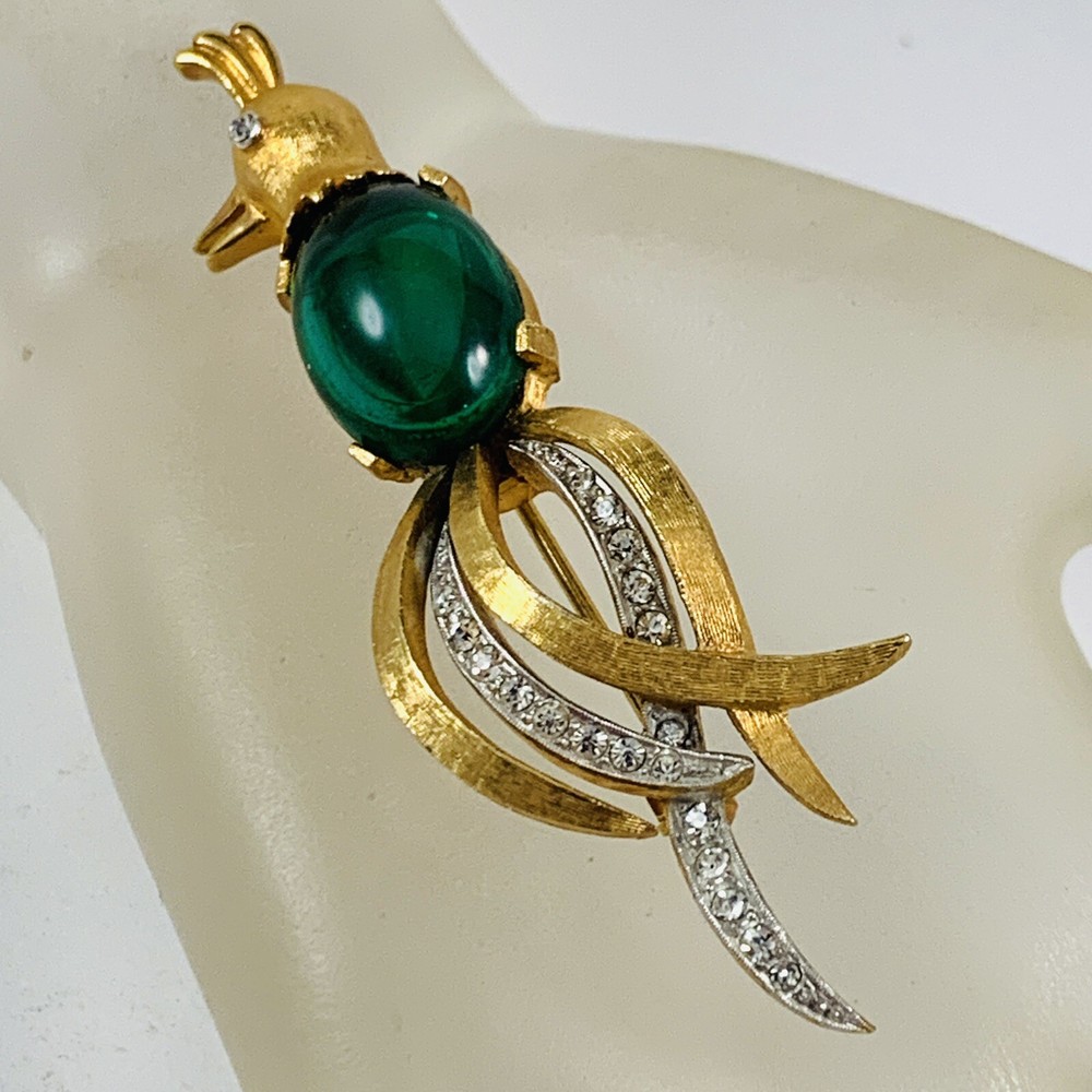 Vintage CHAREL Green Glass Jelly Belly Bird of Paradise Rhinestone Brooch Pin