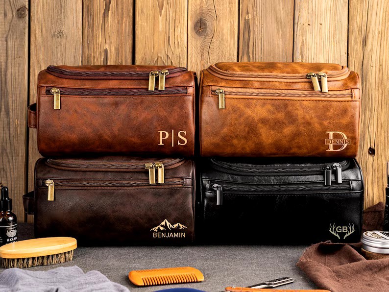 Custom Engraved Leather Groomsmen Toiletry Bag Gift for Men-image