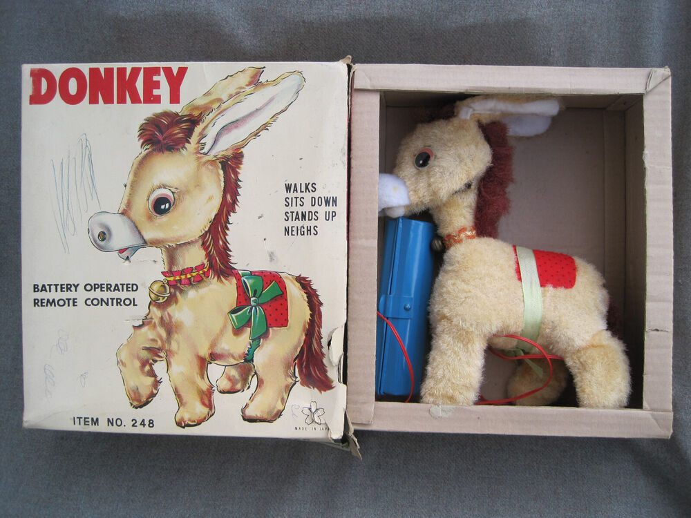 VTG 1950s JAPAN BATTERY OP CLOTH COVERED TIN TOY DONKEY & BOX for PARTS / REPAIR
