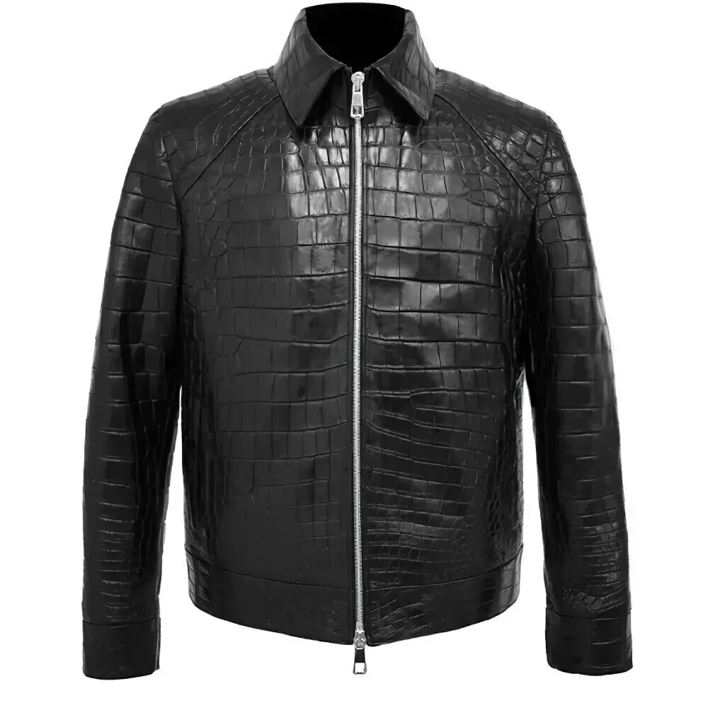 Men's Leather Jacket Black Crocodile Pattern Real Luxury Leather Collar Jacket