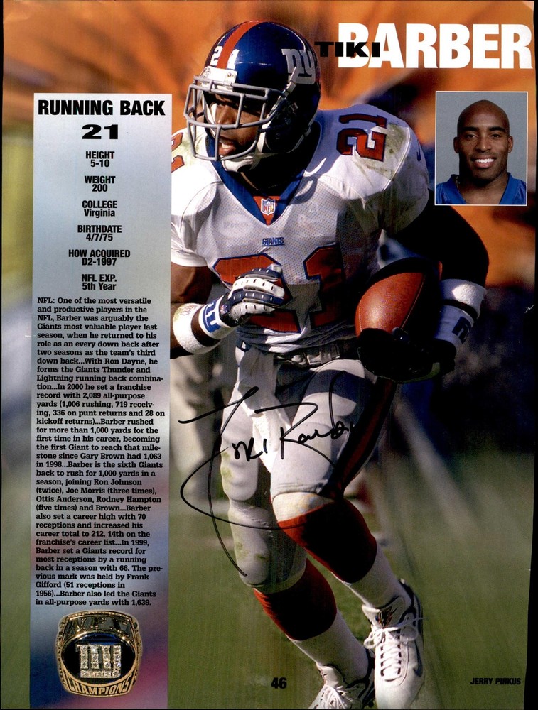 Tiki Barber Signed New York Giants Magazine Page Photo *Autograph Den*