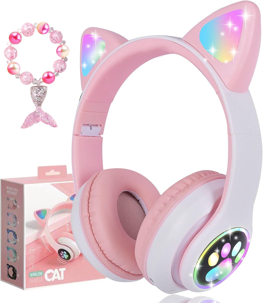 Wireless Headphones for Kids, Cat Ear LED Light up Bluetooth Kids Headphones wit