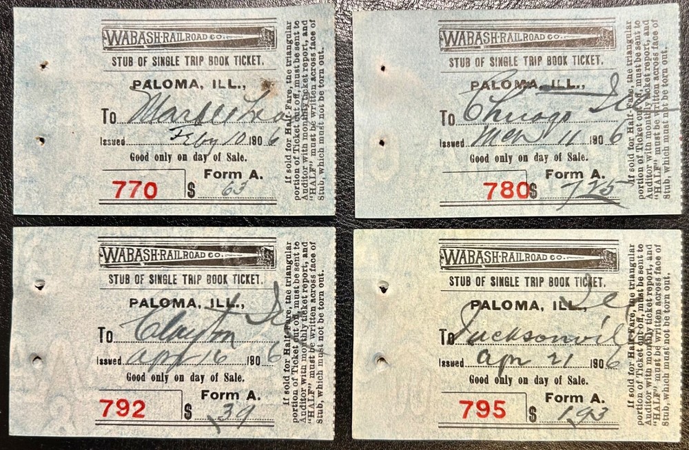 Set of 4 1906 Wabash Railroad Paloma, Illinois Ticket Stubs