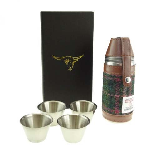 Harris Tweed Outdoor 8oz Flask With 4 Cups and Funnel - Green / Pink Plaid