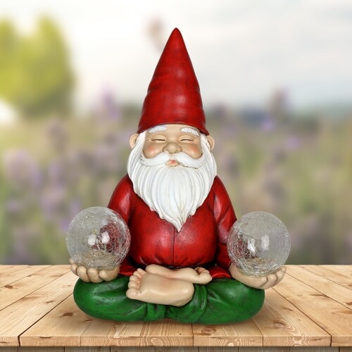 Solar-Powered Meditating Yoga Gnome with Firefly Crackle Glass Accents