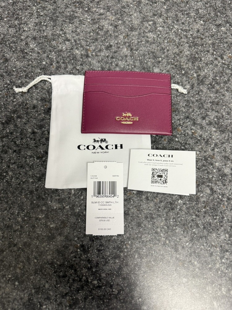 NWT COACH CAA88 Slim Id Card Case In Soft Refined Leather Gold/Pink + Dustbag