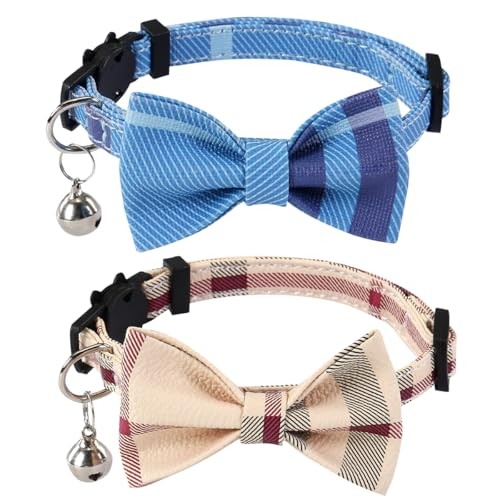SuperBuddy Breakaway Cat Collar with Bow & Bell - 2 Pack Beige & Blue