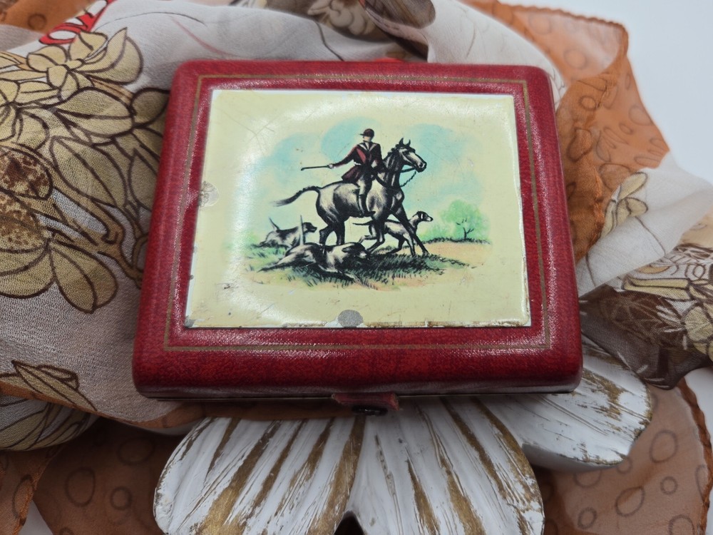 Vintage Jewelry or Trinket Box  With Hunting Scene Depicting A Horse And Dogs