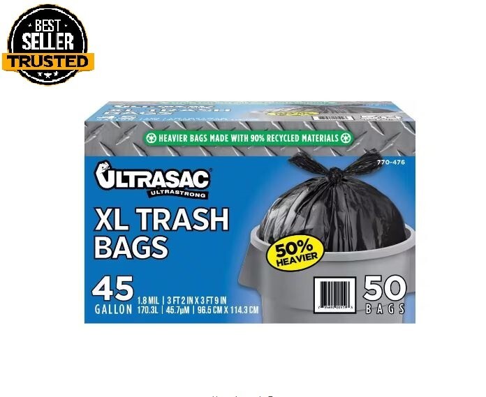 Ultrasac Heavy Duty 45 Gallon XL Trash Bags -Black Huge 50 Count/w Ties 1.8 MIL.