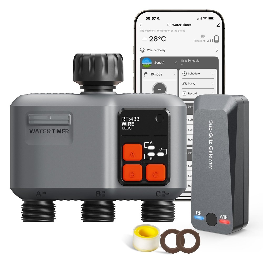 WiFi Sprinkler Timer 3 Zone with 984 Feet RF Gateway, 3 Outlet Smart Water Ti...