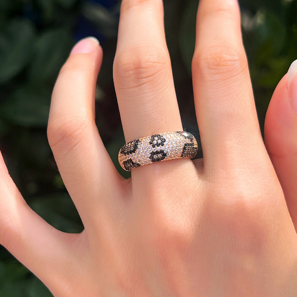 Women Sexy Gold Plated Leopard Print Cubic Zirconia Open Adjustable Finger Ring
