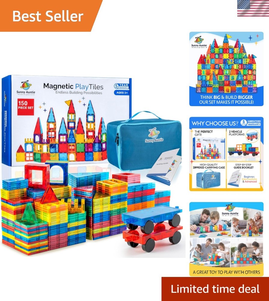 Magnetic Tiles 150 PCS+ Bonus Zippered CASE, Magnetic Tiles for Kids Toy for ...