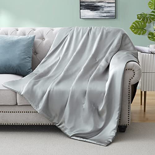 Silk Throw Blanket - Silver Grey Cooling Packable Satin Blanket for Couch, Be...