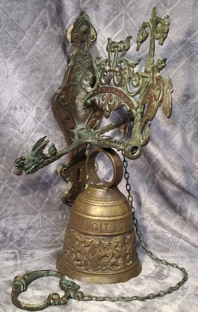 Vintage Brass Dragon Wall Mount Church Bell with Figural Detail