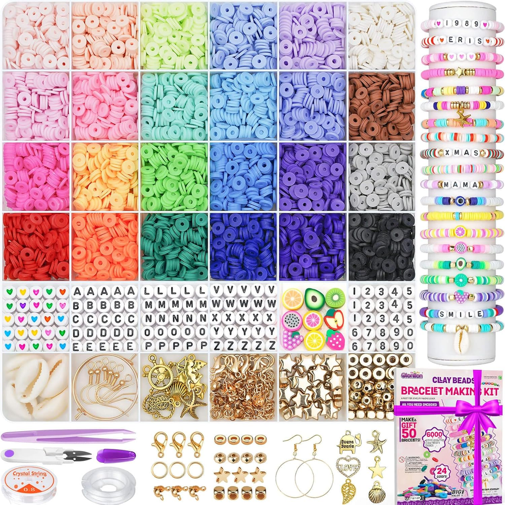 6000 Flat Preppy Clay Beads in 24 Colors for DIY Bracelet Making Kit