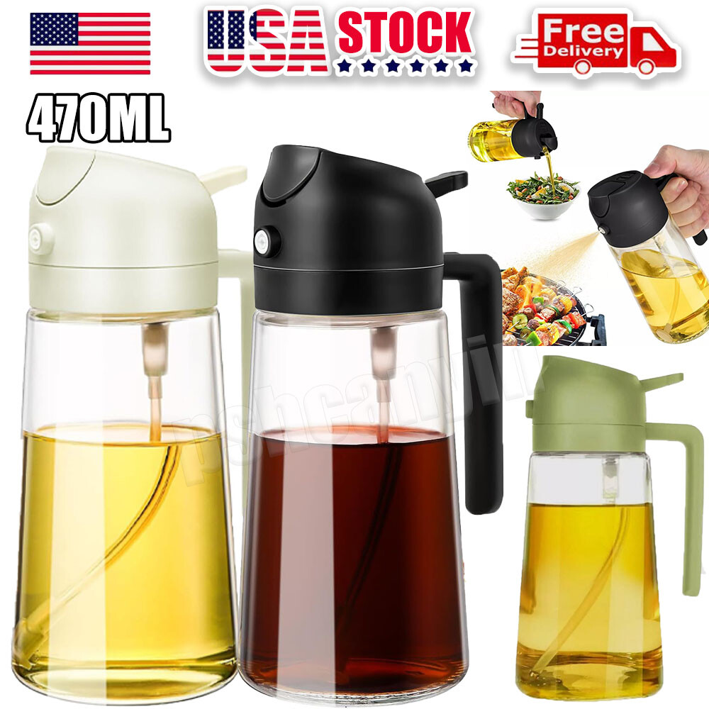 2 in 1 16oz Olive Oil Dispenser Bottle Sprayer Pourer Glass for Kitchen Cooking