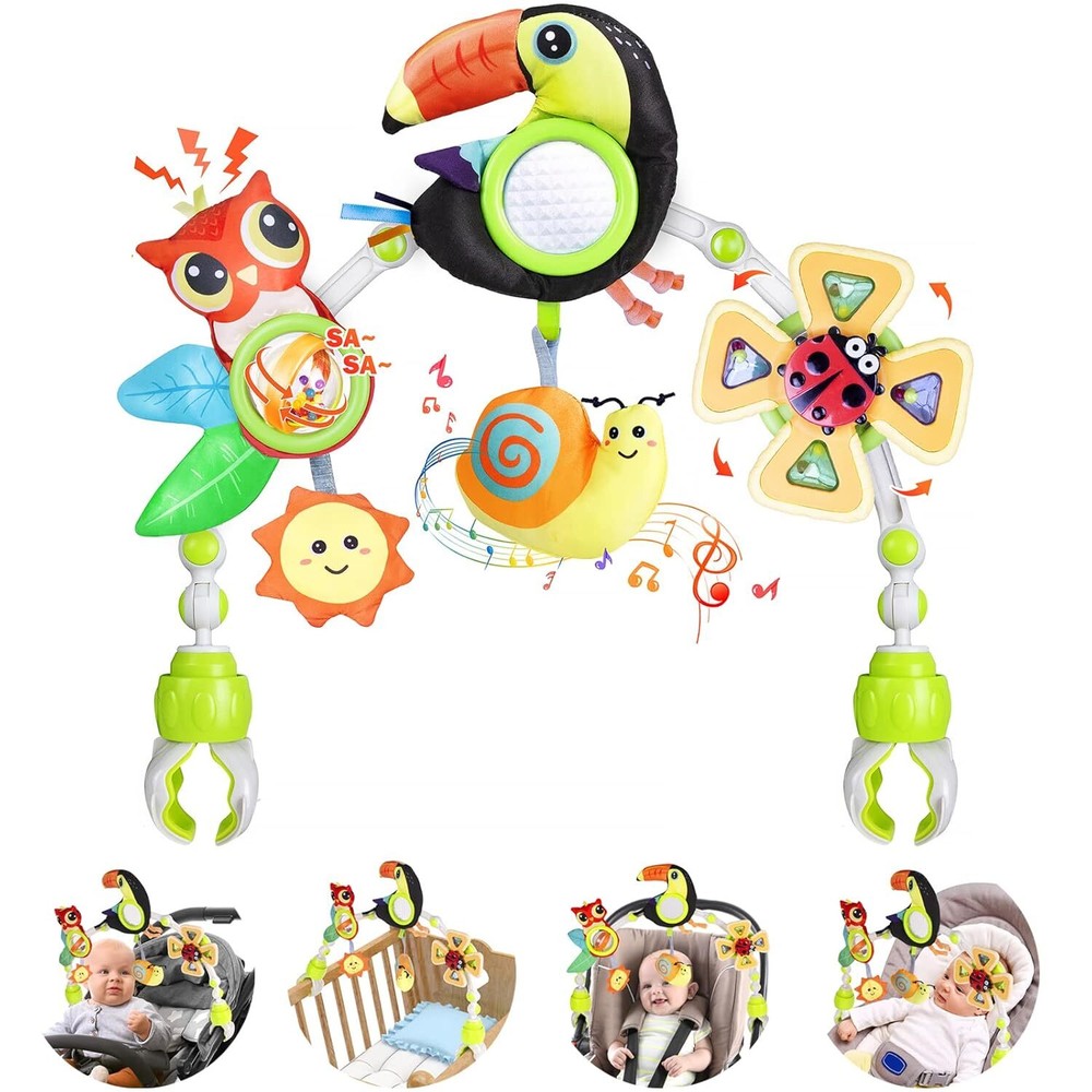 Baby Stroller Arch Toy with Teether Rattle Crinkle Sound Mirror Music Box