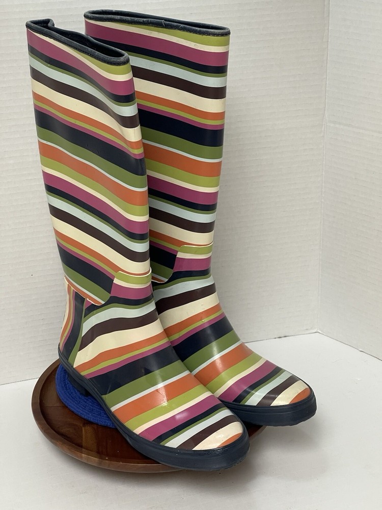 COACH Women's Pammie Rain Boots Size 7B Colorful Stripes Rubber Mid Calf Slip On