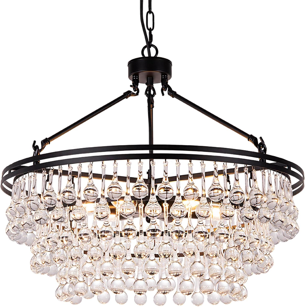 Black Crystal Chandelier 24 Inch, Modern Farmhouse Light Fixtures Ceiling Hangin