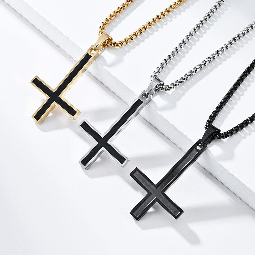 Men Women Satanic Cross Necklace Inverted Jewelry Gothic Pendant Box Chain