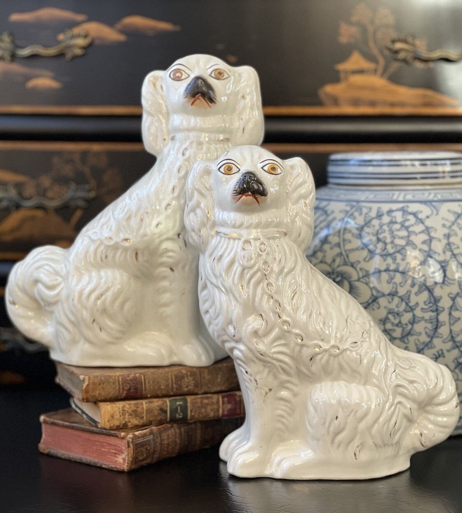 Incredible Rare 19C White Staffordshire Royal Fox Spaniel Mantle Dog Pair 9.75”