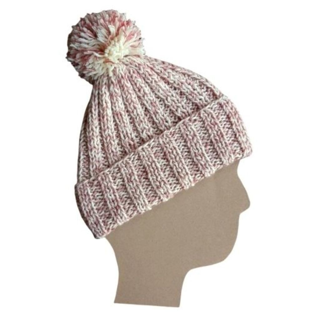 Chunky Soft Pink and White Beanie With Pompom Warm Hat Wool Knit Cap Handmade