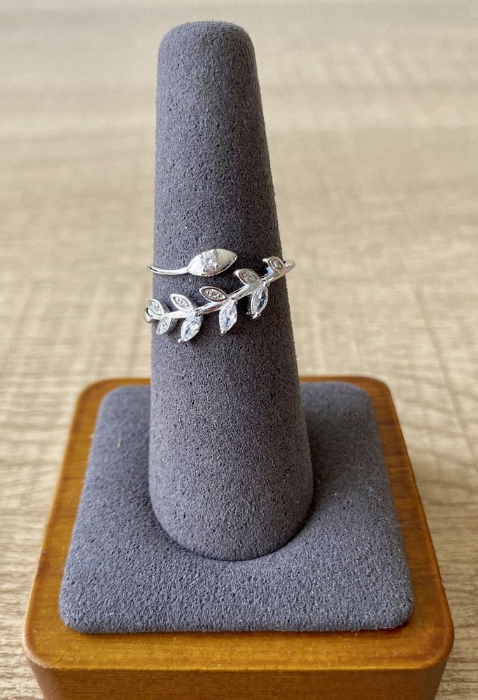 925 Sterling Silver Olive Branch Leaf Open-end Dress Ring Cubic Zirconia UK