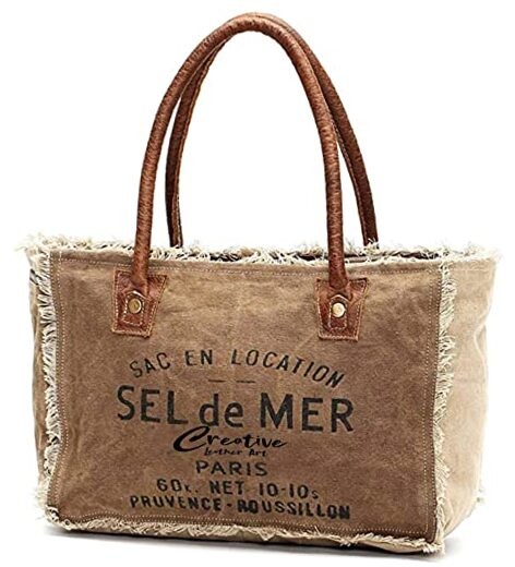 CLA Sel De Mer Upcycled Canvas & Cowhide Tote in Khaki