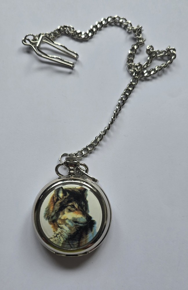 Vintage Wolf Engraved Quartz Pocket Watch  