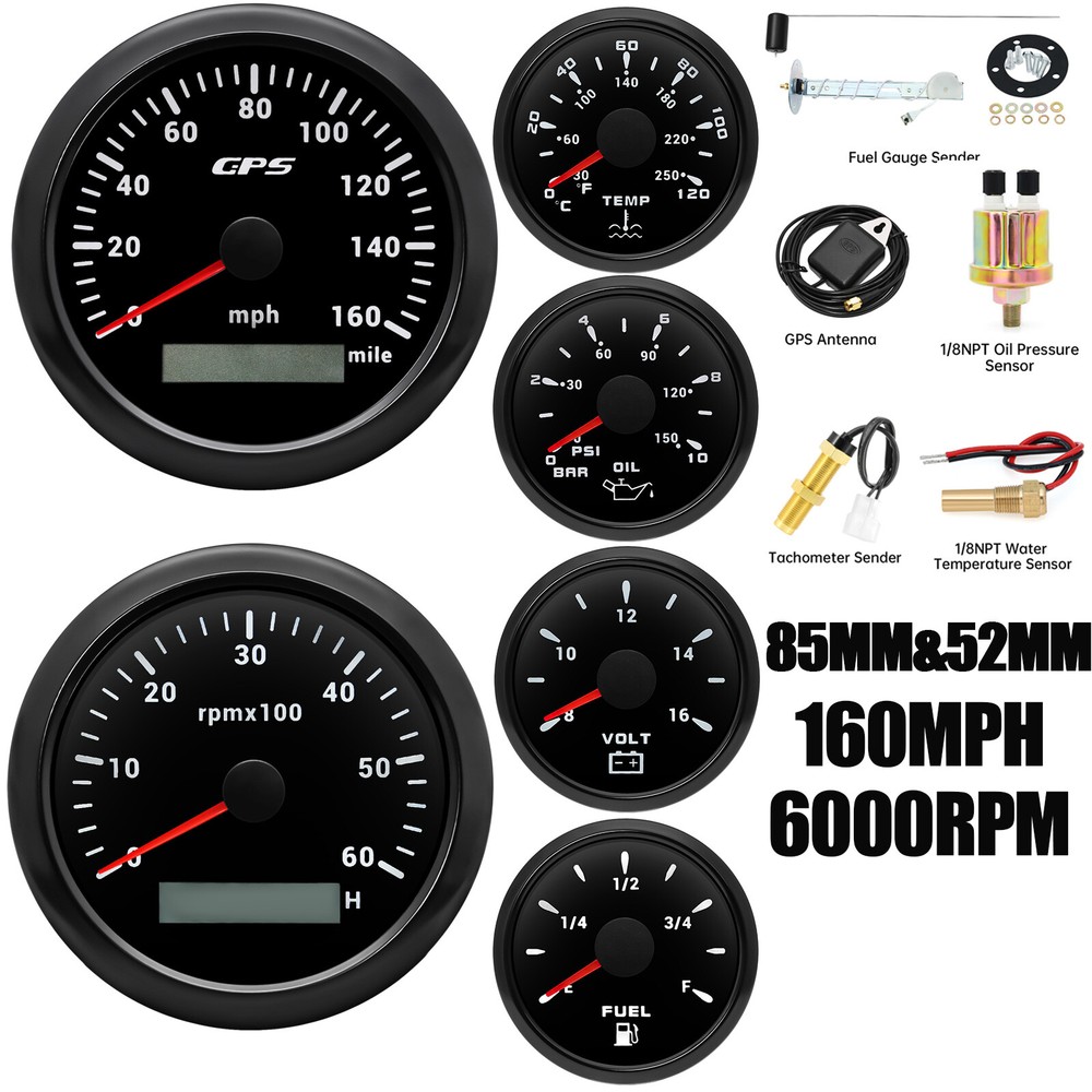 85mm 6 Gauge Set with GPS Speedometer 160MPH Tachometer Fuel Oil Temp Volt