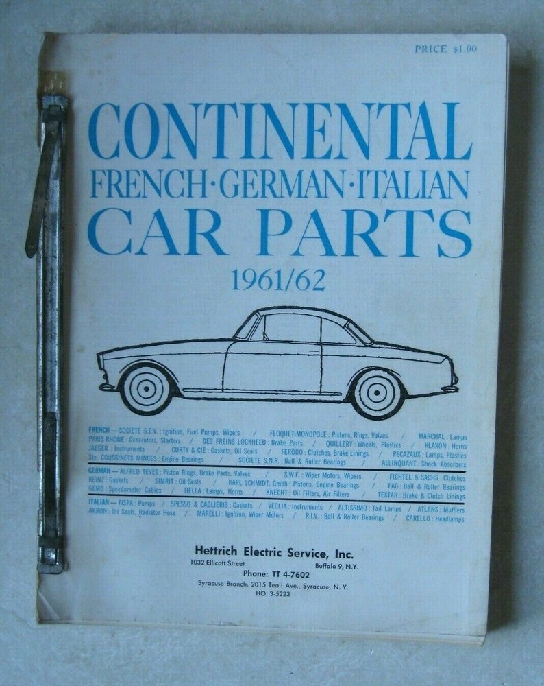 1961/62 FRENCH GERMAN ITALIAN CONTINENTAL CAR PARTS CATALOG MANUAL